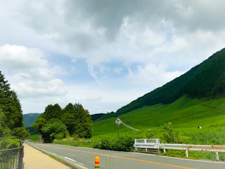 Freshly paved rural road winding through green fields with local farmers walking alongside.