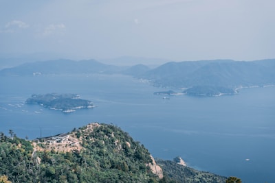A picturesque view of islands dotting the blue waters.
