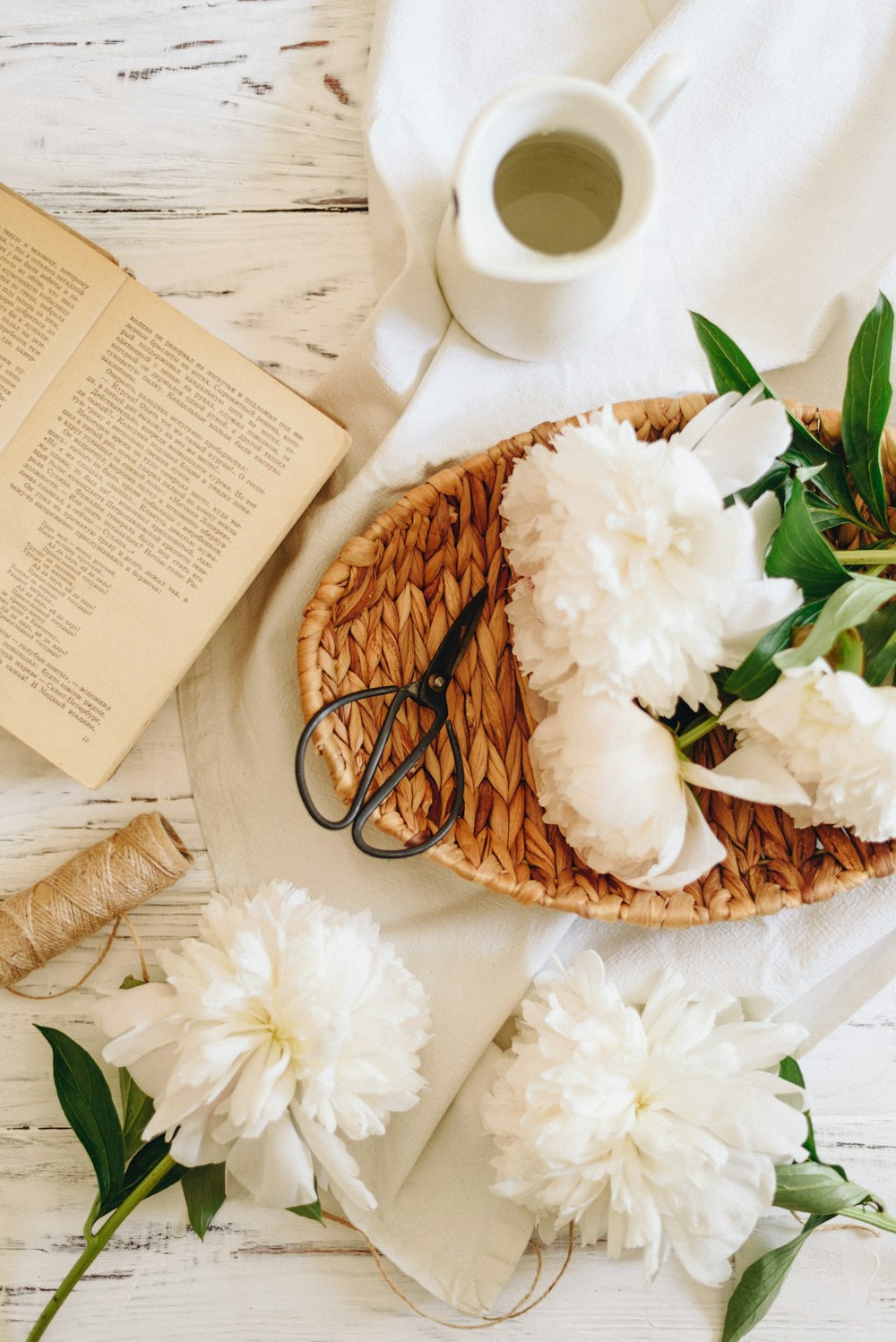 white-petaled flowers with book and pitcher