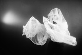 A black and white image features a person partially obscured by flowing, translucent fabric. The movement of the fabric suggests motion, as it billows gracefully across the composition. The backdrop is a plain, dark gray surface, enhancing the contrast with the sheer material.