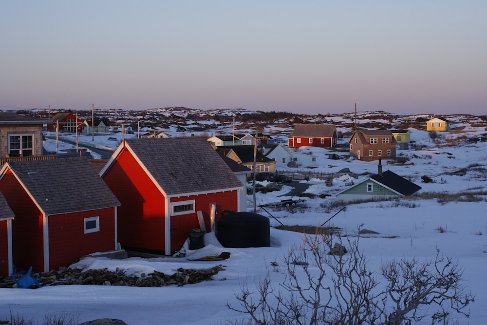 red and white wooden houses near field covered with snow