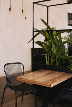 A small, minimalist dining area features a wooden table with a black metallic frame. Beside the table is a black, modern chair with a sleek design. Hanging above are three exposed light bulbs. The background has a light stone-textured wall and a large, green potted plant that adds a natural element.
