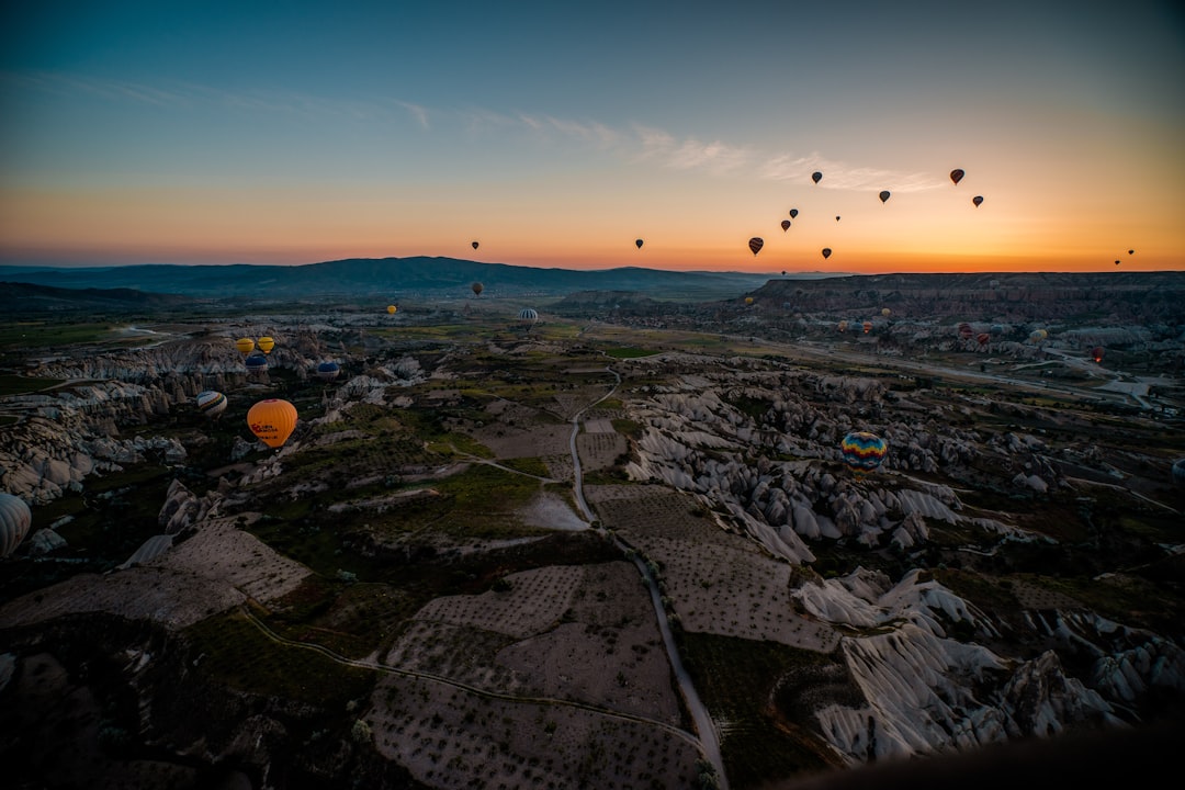 bird's eye view photography of hot air balloon under golden hour