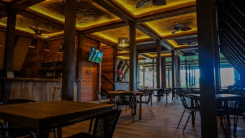 A spacious and elegantly designed restaurant interior with wooden furniture and warm lighting. The room features several tables and chairs, a wall-mounted TV, ceiling fans, and wooden beams. Large windows provide natural light and a view of the greenery outside.