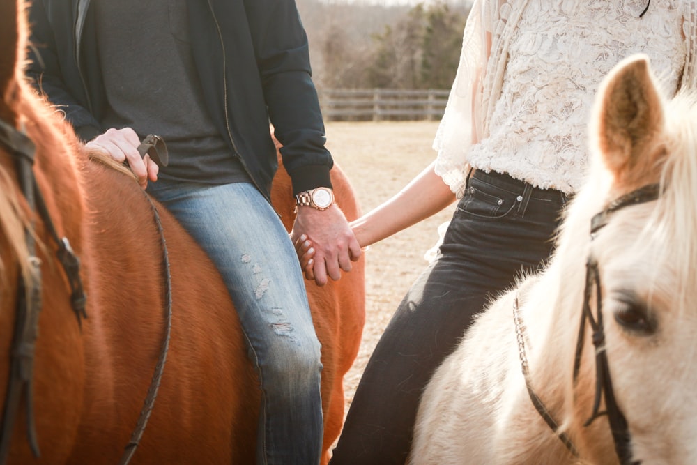 man and woman riding horses while holding hands during day