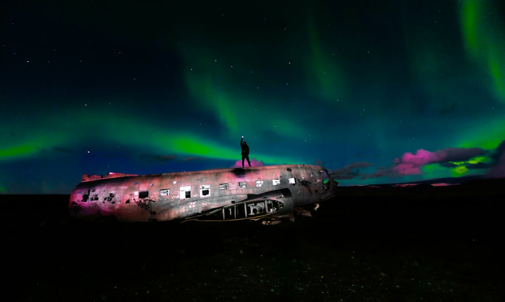 person standing across aurora borealis