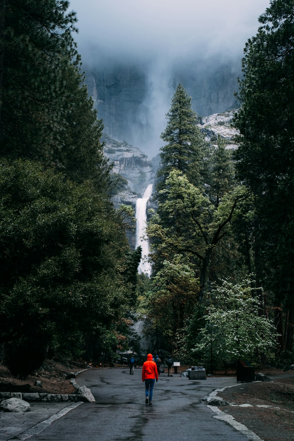 person in red hoodie standing on road