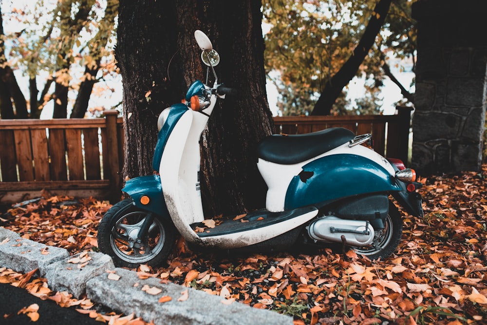 white and blue motor scooter