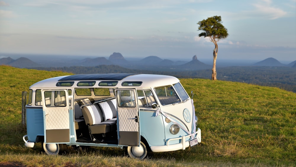 white and teal Volkswagen T1 bus parked by tree on slope during daytime