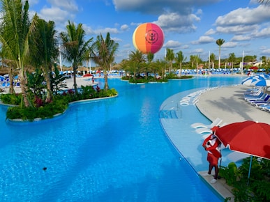 large swimming pool under white sky
