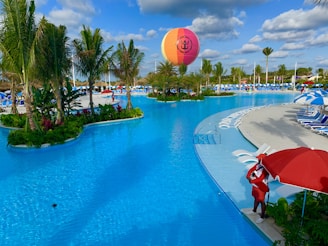 large swimming pool under white sky