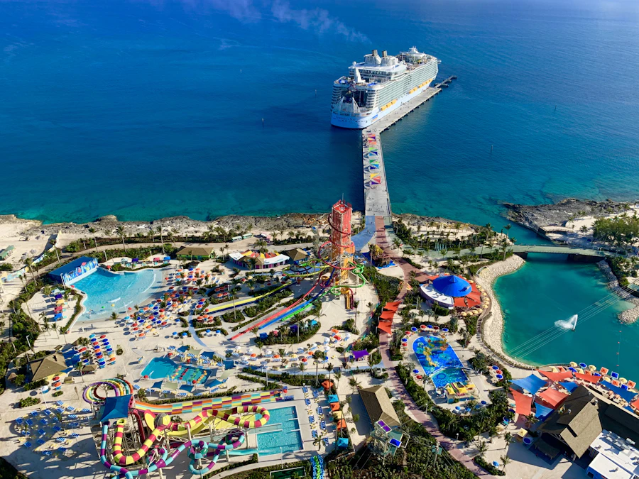 Aerial view of a beachfront island resort