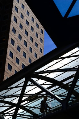 A geometric architectural scene featuring a modern building with a grid pattern of windows, adjacent to a glass pedestrian walkway with metal framing. A person is visible walking inside the walkway. The contrast between the clear blue sky and the shadowed surfaces creates a dynamic interplay of light and shadow.