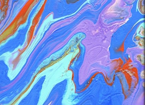Vibrant abstract patterns in swirling, fluid formations with a dominant presence of blue, purple, and red colors. The composition is filled with smooth, flowing curves and contrasting lines, creating a mesmerizing visual effect reminiscent of liquid or watercolor art.