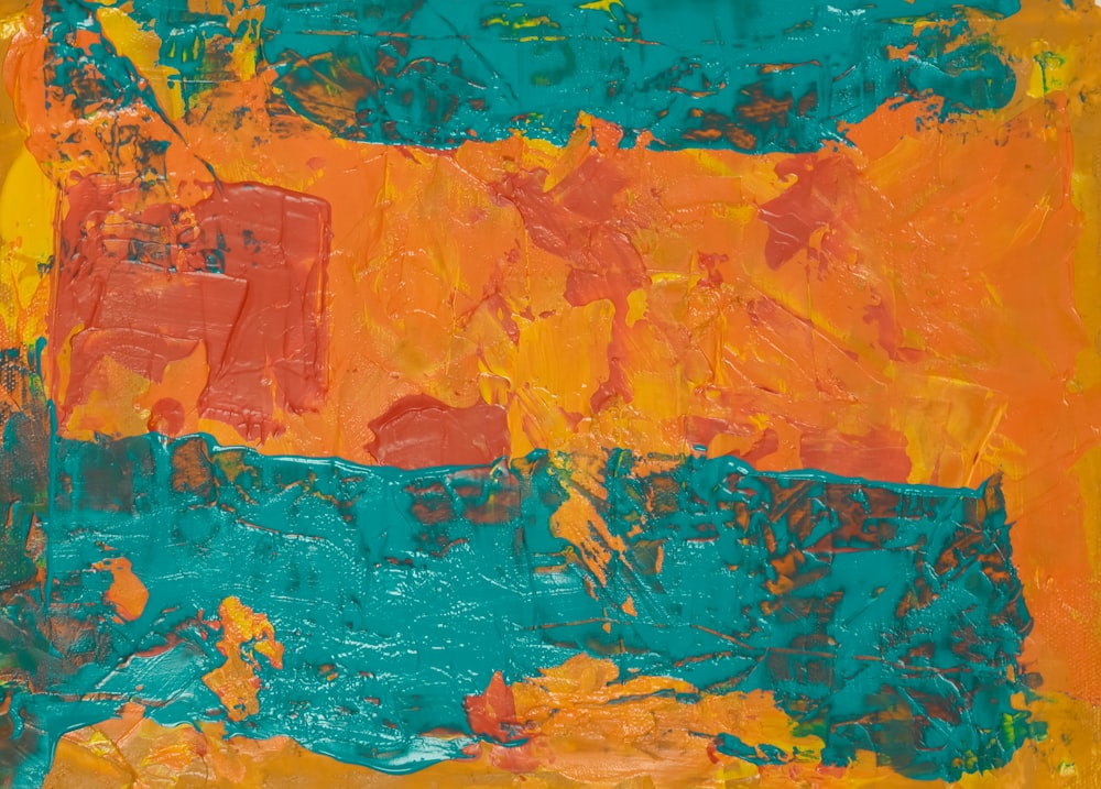 teal and red abstract painting