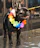 A joyful French Bulldog wearing a colorful bandana, sitting in a sunlit garden.