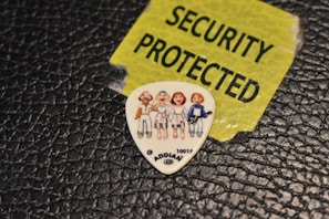 A guitar pick displaying cartoon-like characters is placed on a textured black surface. Nearby, a torn yellow label with bold black lettering reads 'SECURITY PROTECTED'.