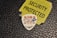 A guitar pick displaying cartoon-like characters is placed on a textured black surface. Nearby, a torn yellow label with bold black lettering reads 'SECURITY PROTECTED'.