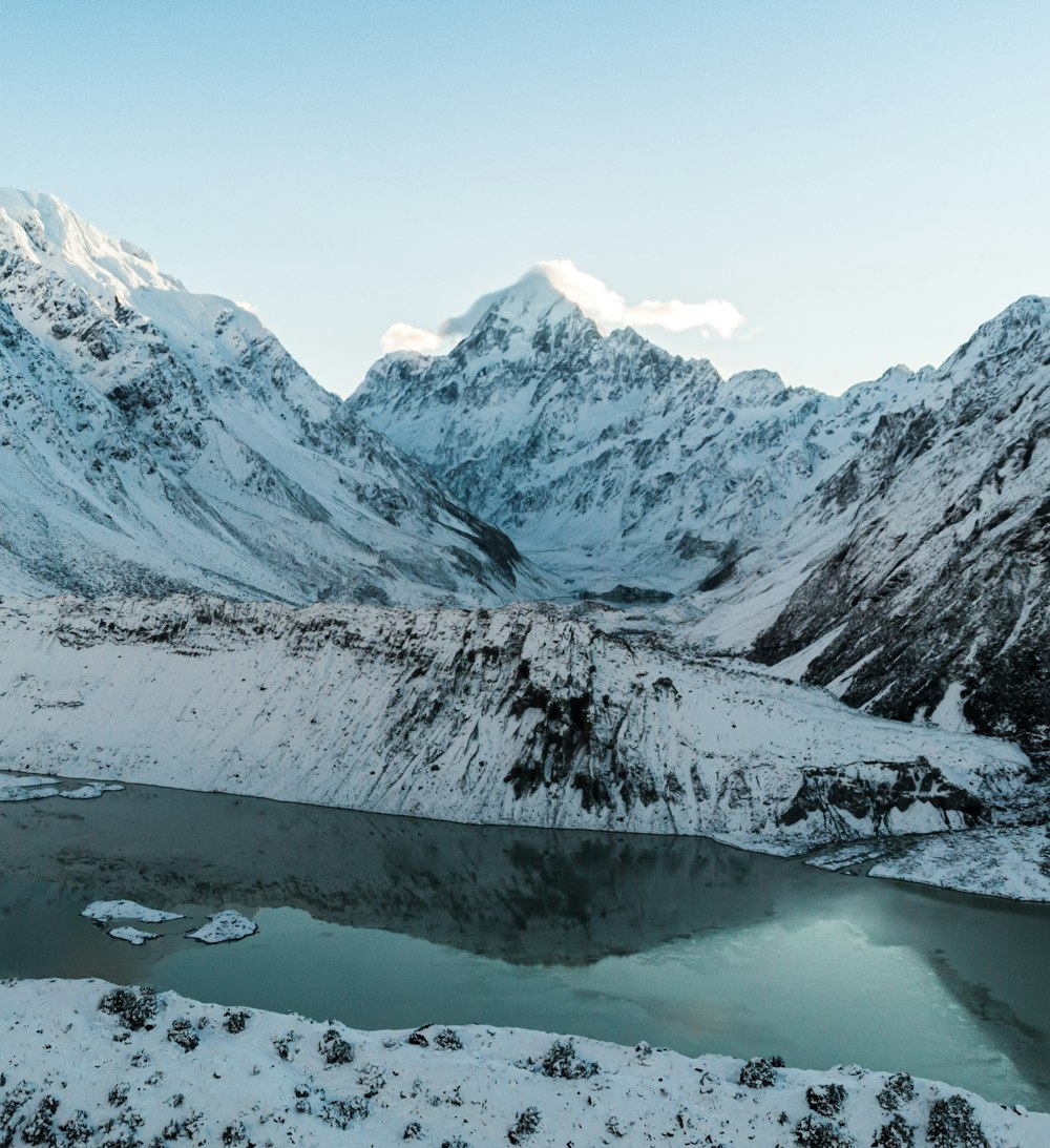 snow covered mountain near body of water