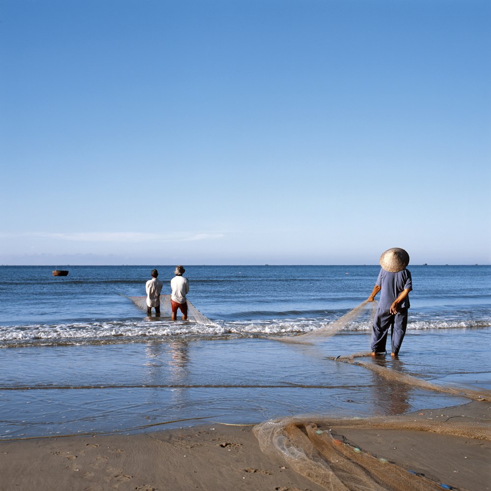 people fishing using net while on shore during daytime