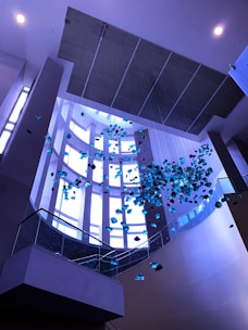 A modern architectural interior featuring a high ceiling with large windows allowing natural light to illuminate the space. Suspended from the ceiling is an art installation composed of numerous blue, transparent hanging elements that create a dynamic and contemporary feel.