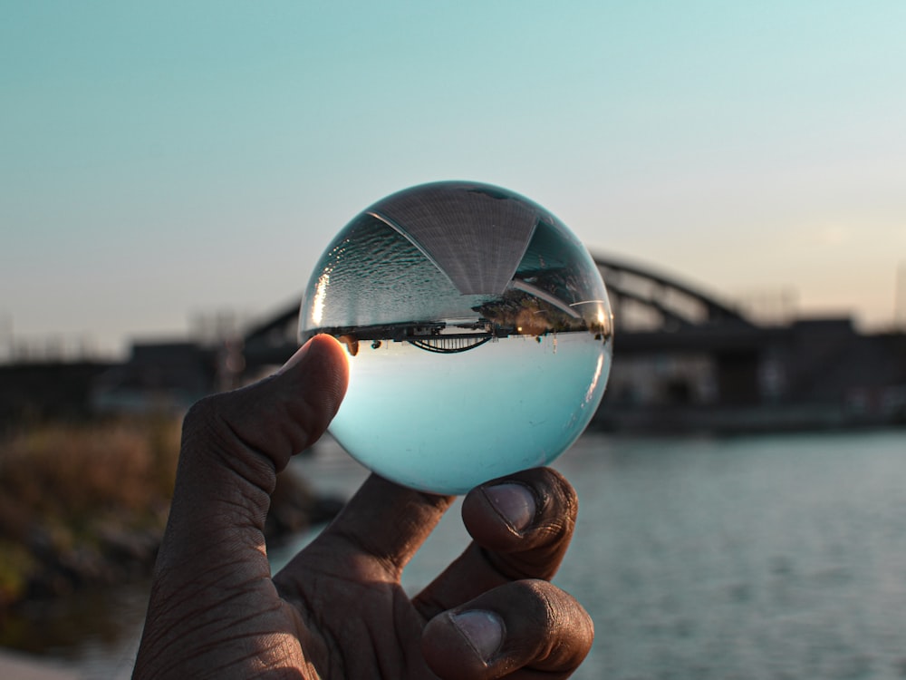 person holding clear ball