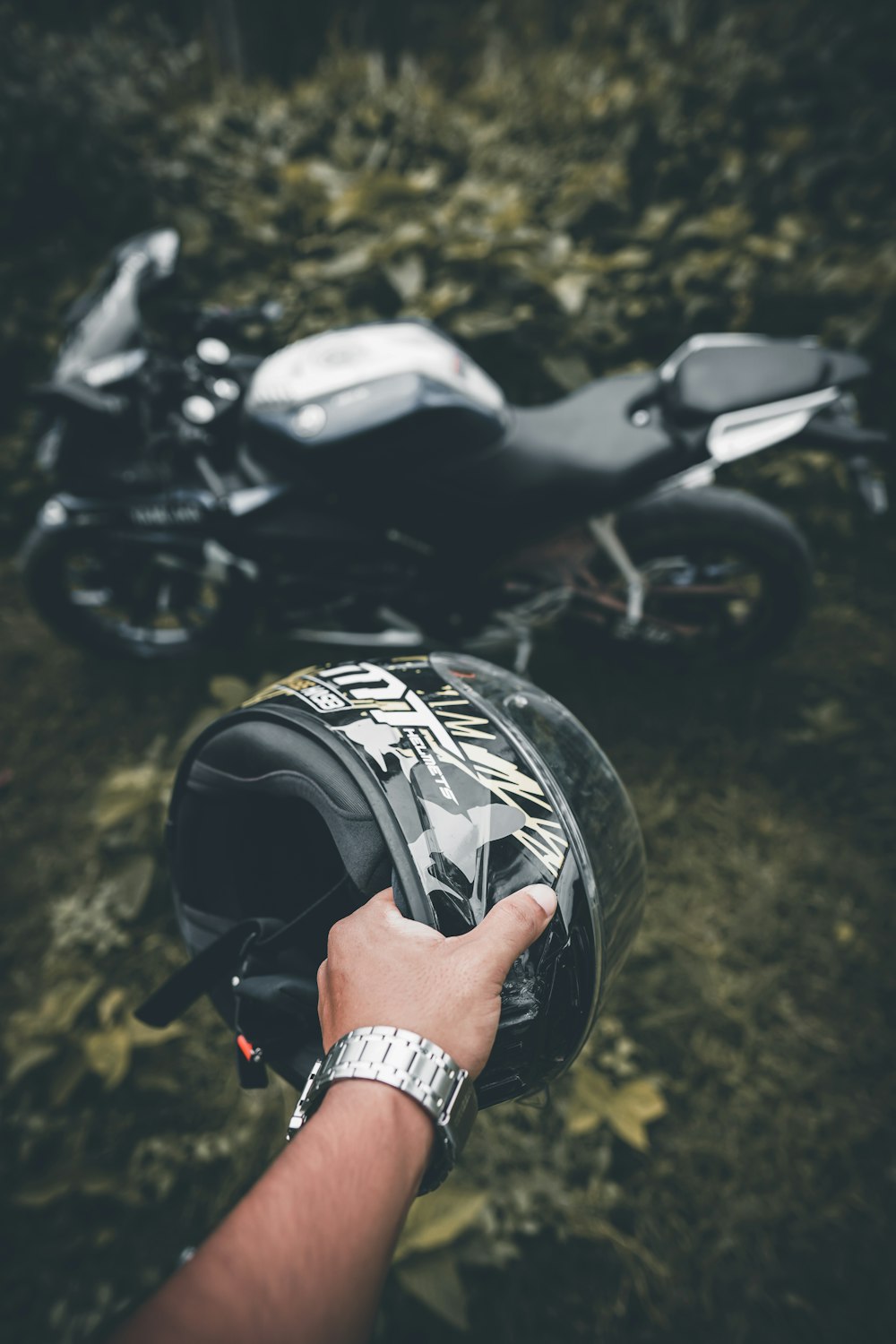 black and white full-face helmet