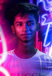 Happy person relaxing stress-free after paying off debts, with blue neon accents