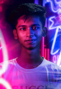 Happy person relaxing stress-free after paying off debts, with blue neon accents