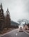 A camper van drives along a road flanked by tall evergreen trees, heading towards a fog-covered mountain range. Two bicycles are mounted on the back of the van. On the right side of the road, there is a small chapel with a green roof and a cross on top.