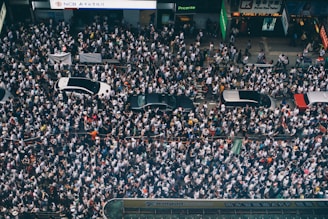 aerial photography of four cars surrounded with people