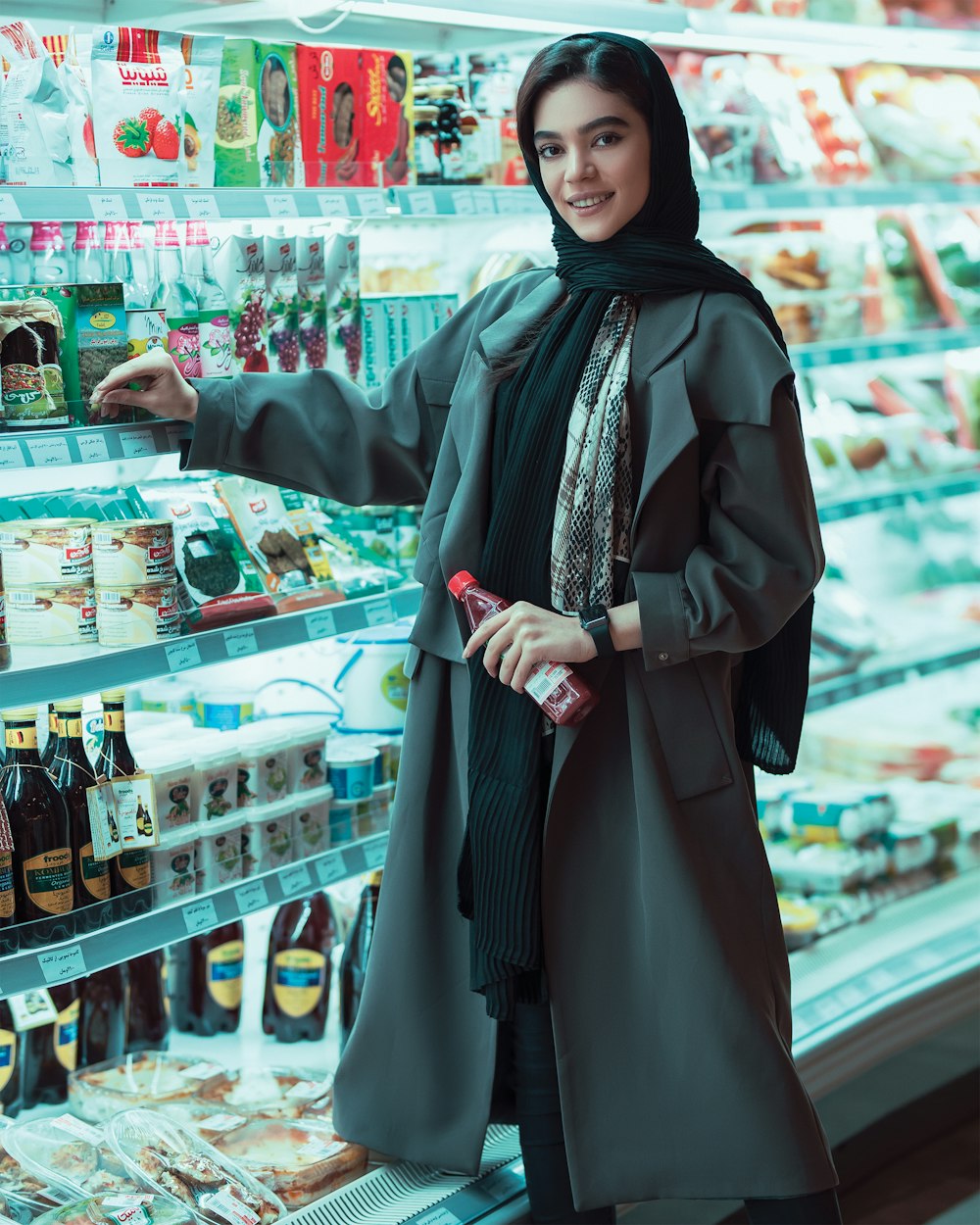 woman wearing black scarf near the refrigerator