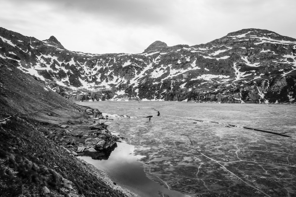 grayscale photography of moutnain