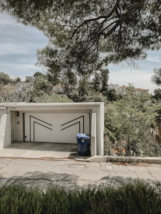 A modern garage door with geometric patterns stands at the end of a short driveway. A blue recycling bin is positioned in front of the garage. Surrounding the building, lush greenery and tall trees extend into the background, with hillside houses visible beyond the foliage.