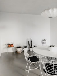 A minimalist room featuring a round white table surrounded by white wire chairs with black cushions. The decor includes several indoor potted plants, with cacti and succulents placed on a stand and the floor. A modern white pendant light hangs from the ceiling, complementing the clean and simple aesthetic.