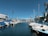 Yachts and boats are docked at a marina flanked by palm trees, with clear blue skies above. A modern building with a geometric facade lines one side of the marina, and a variety of boats are covered with blue tarps.