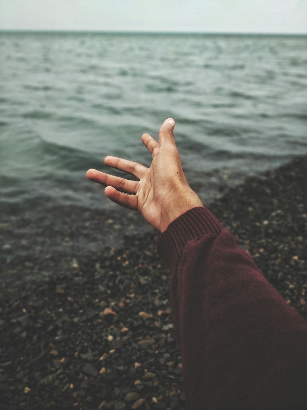 person raising hand near body of water