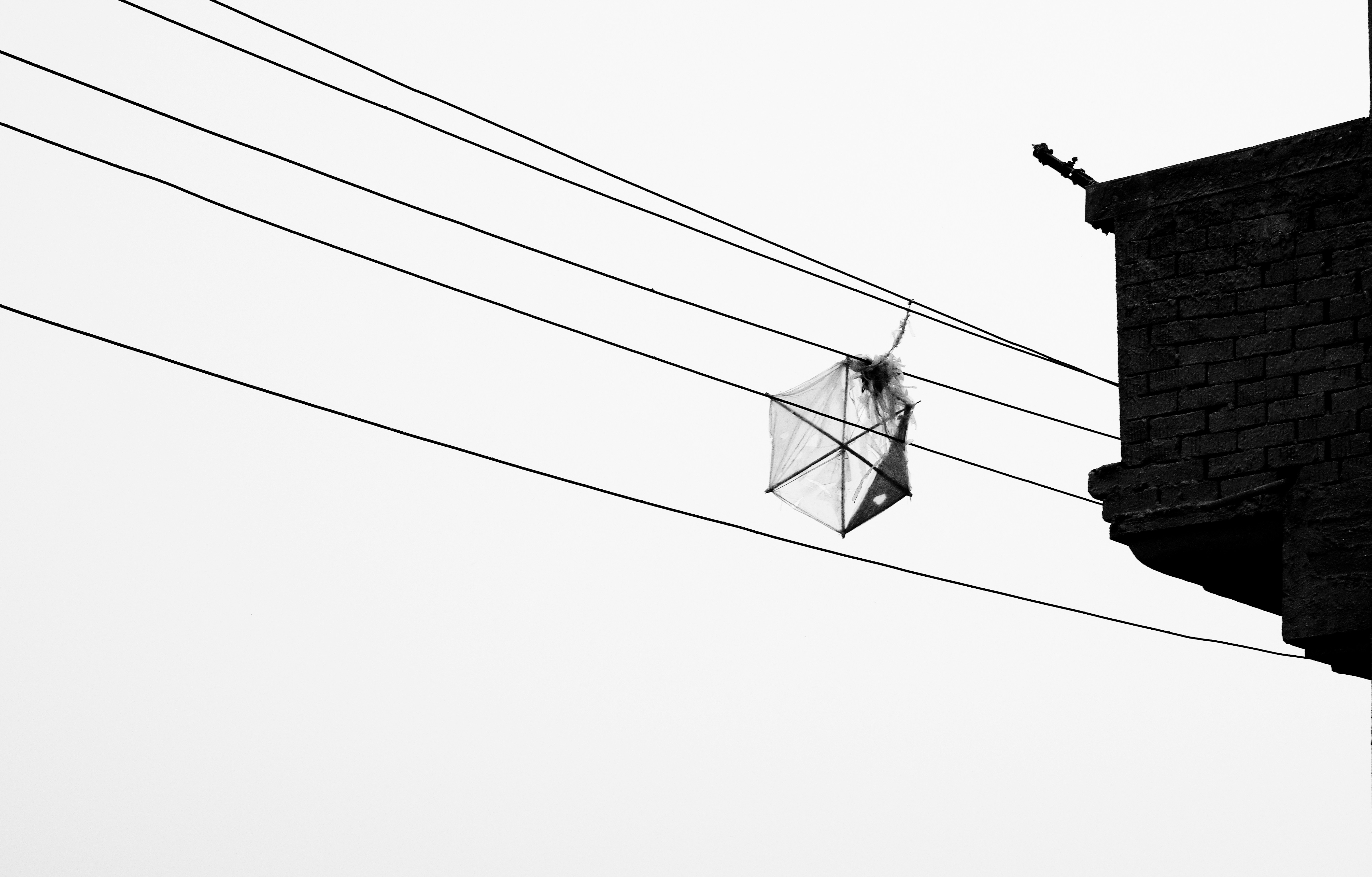 grayscale photo of cable wire near building