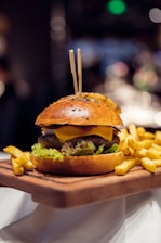 ham and cheese burger with fries