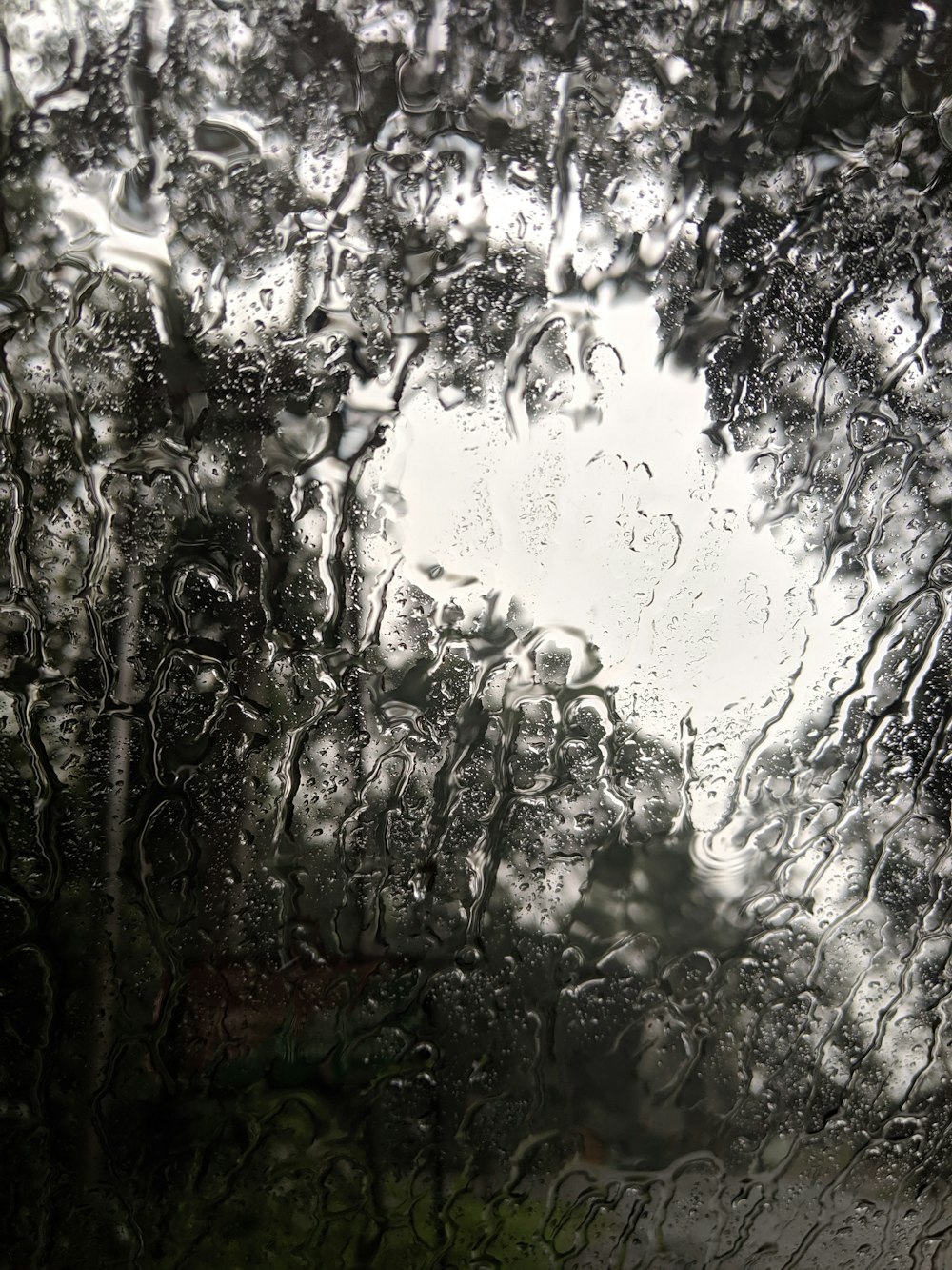 a rain covered window with trees in the background