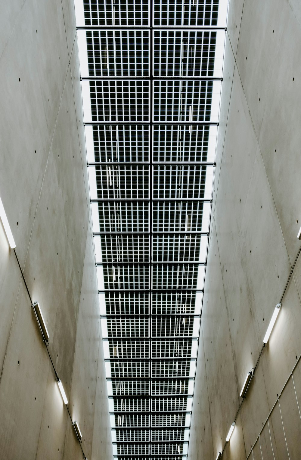 the ceiling of a large building with a skylight