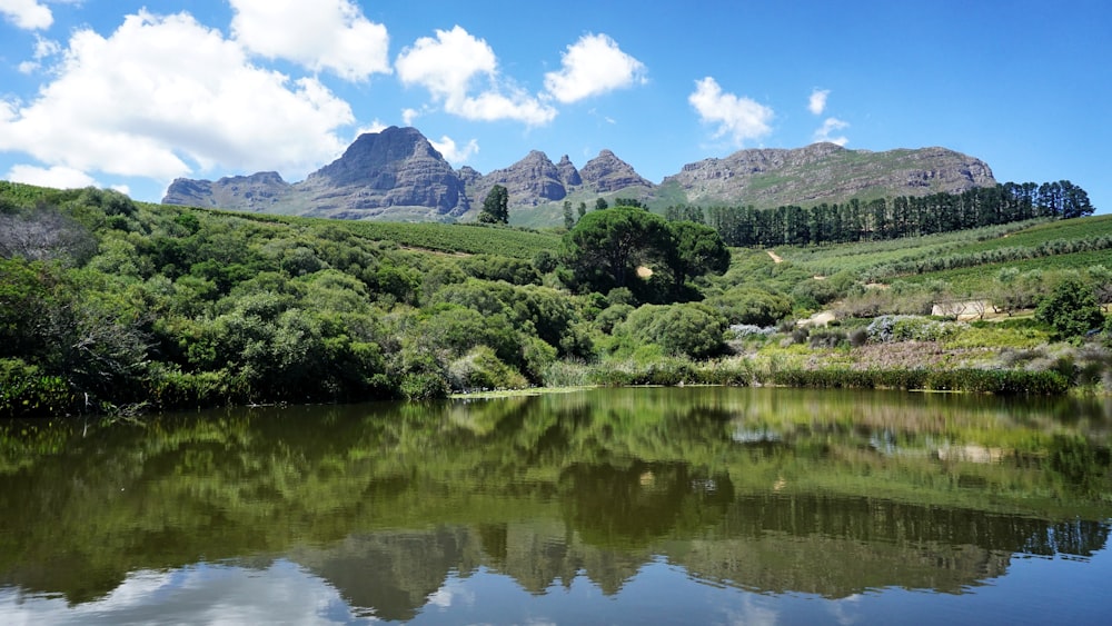 lake and green mountain under white skies