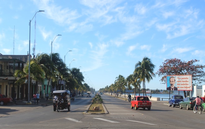 A sunny street scene with palm trees lining both sides and a clear blue sky overhead. Vehicles, including cars and bicycles, are traveling along the road. To the right, a large billboard displays an image of a mustached man along with Spanish text.
