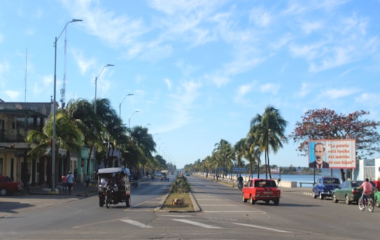 A sunny street scene with palm trees lining both sides and a clear blue sky overhead. Vehicles, including cars and bicycles, are traveling along the road. To the right, a large billboard displays an image of a mustached man along with Spanish text.