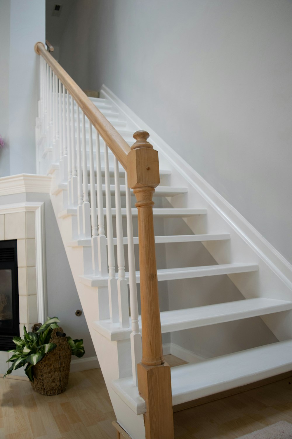 white and brown stairs