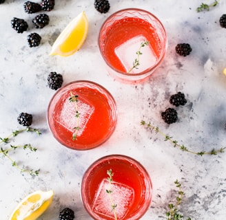 three beverage filled drinking glasses with ice cubes beside sliced lemons and blackberries