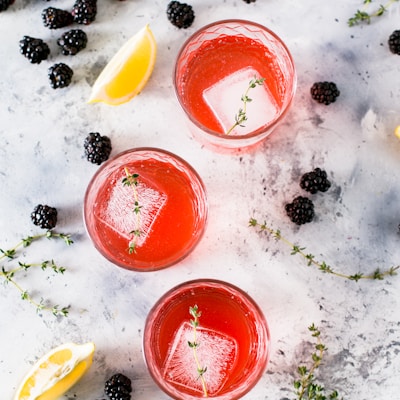 three beverage filled drinking glasses with ice cubes beside sliced lemons and blackberries