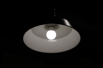 A single light bulb hanging from the ceiling enclosed in a metal lampshade. The light bulb emits a bright, white glow, illuminating the inner part of the lampshade, while the surrounding area remains dark.