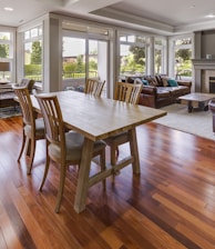 rectangular brown wooden table and chair set