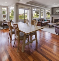 rectangular brown wooden table and chair set